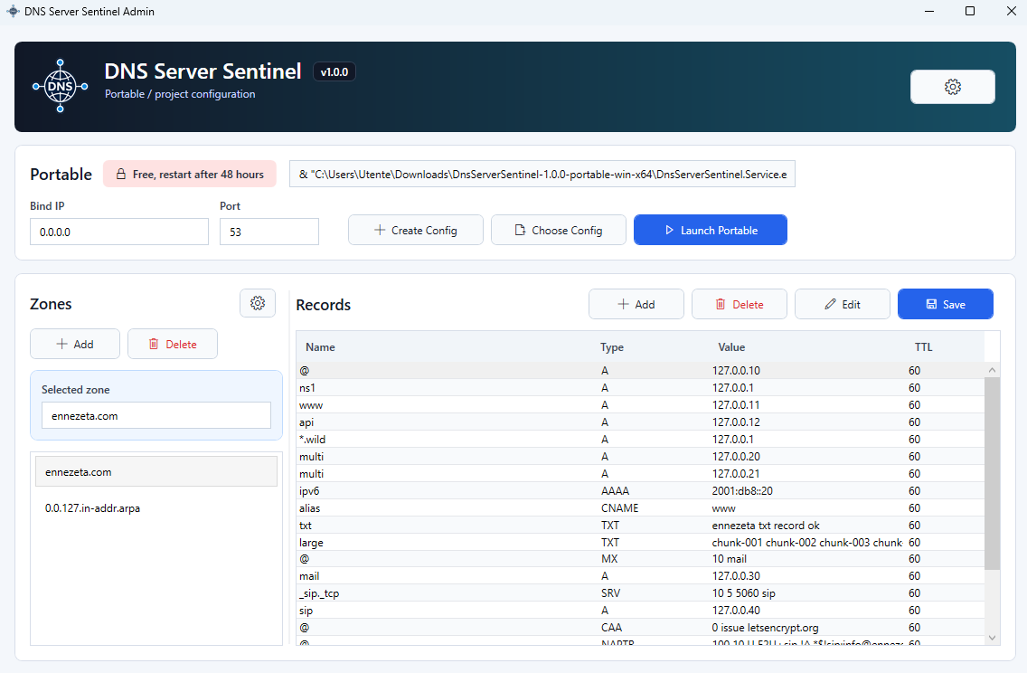 DNS Server Sentinel Admin interface showing zones, records, service controls, and portable mode.